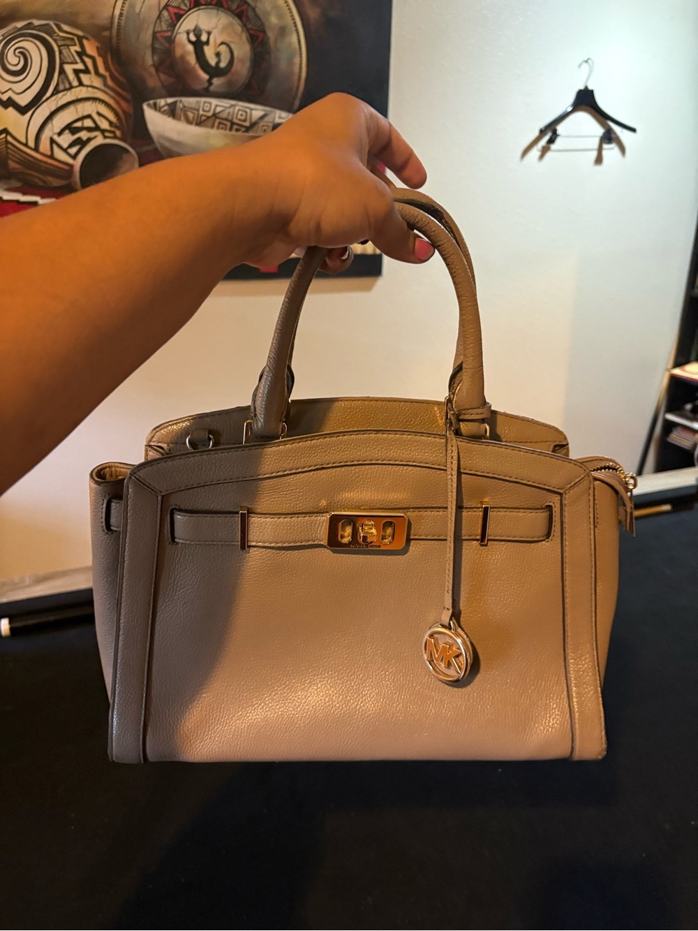 Michael Kors Taupe Pebbled Leather Satchel with Gold Hardware